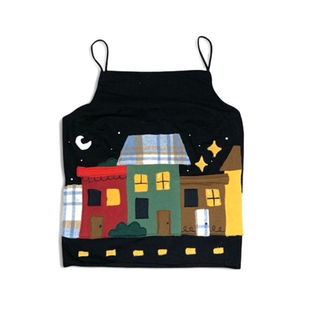 Custom Upcycled Black Town at Night Patchwork Tank Top Medium
